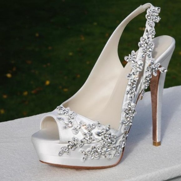FSJ Shoes - FSJ White Satin Slingback Bridal Heels Rhinestone